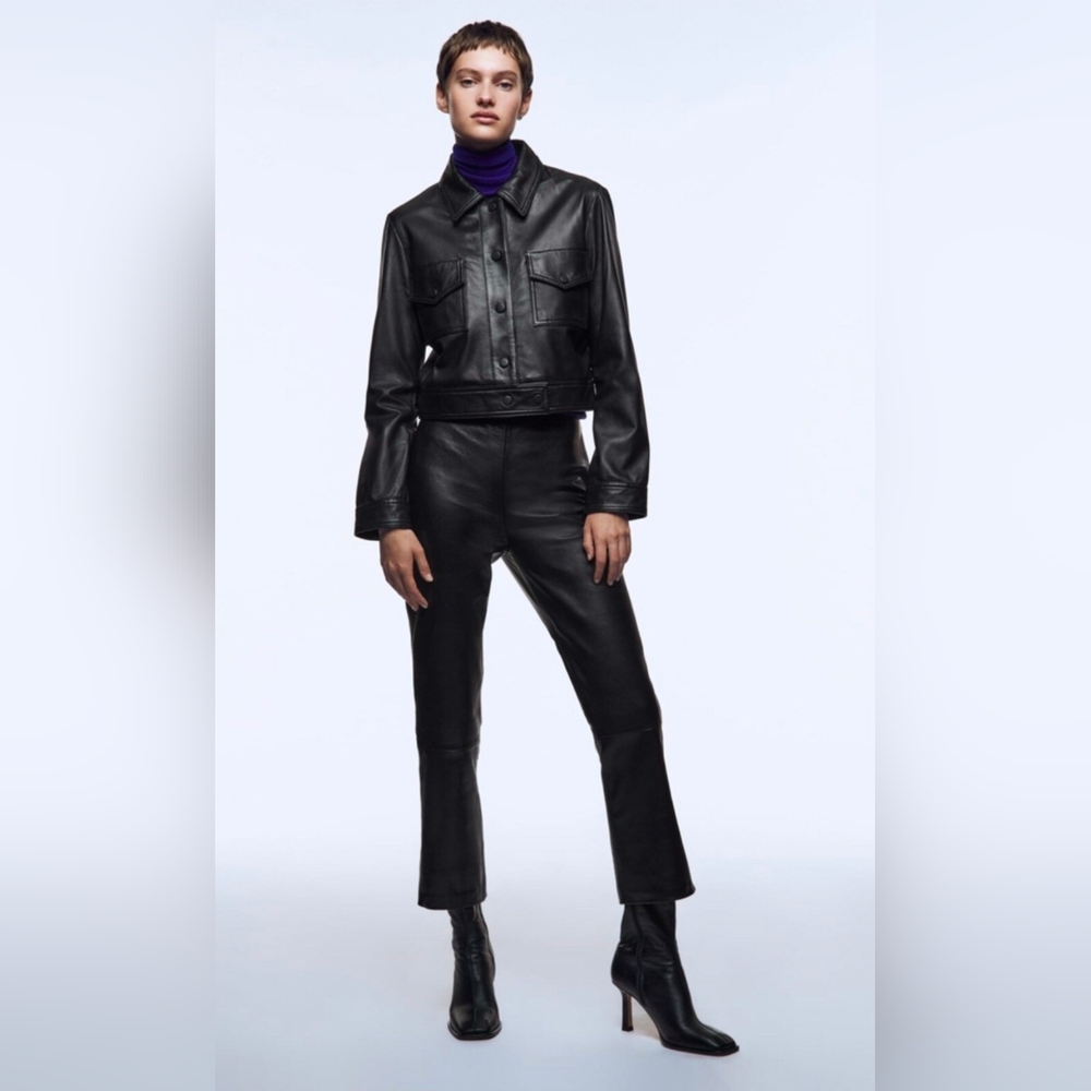 Zara Bootcut 100% Leather Trousers Black Size XS